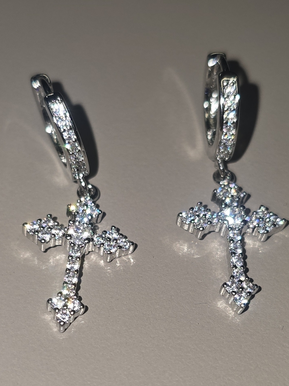 Sparkling Silver Cross Drop Earrings - White CZ Accent